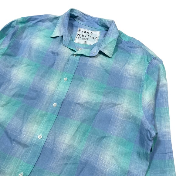 Frank & Eileen Paul Linen Plaid Blue Seafoam L/S Button Shirt Mens Large - Picture 3 of 8